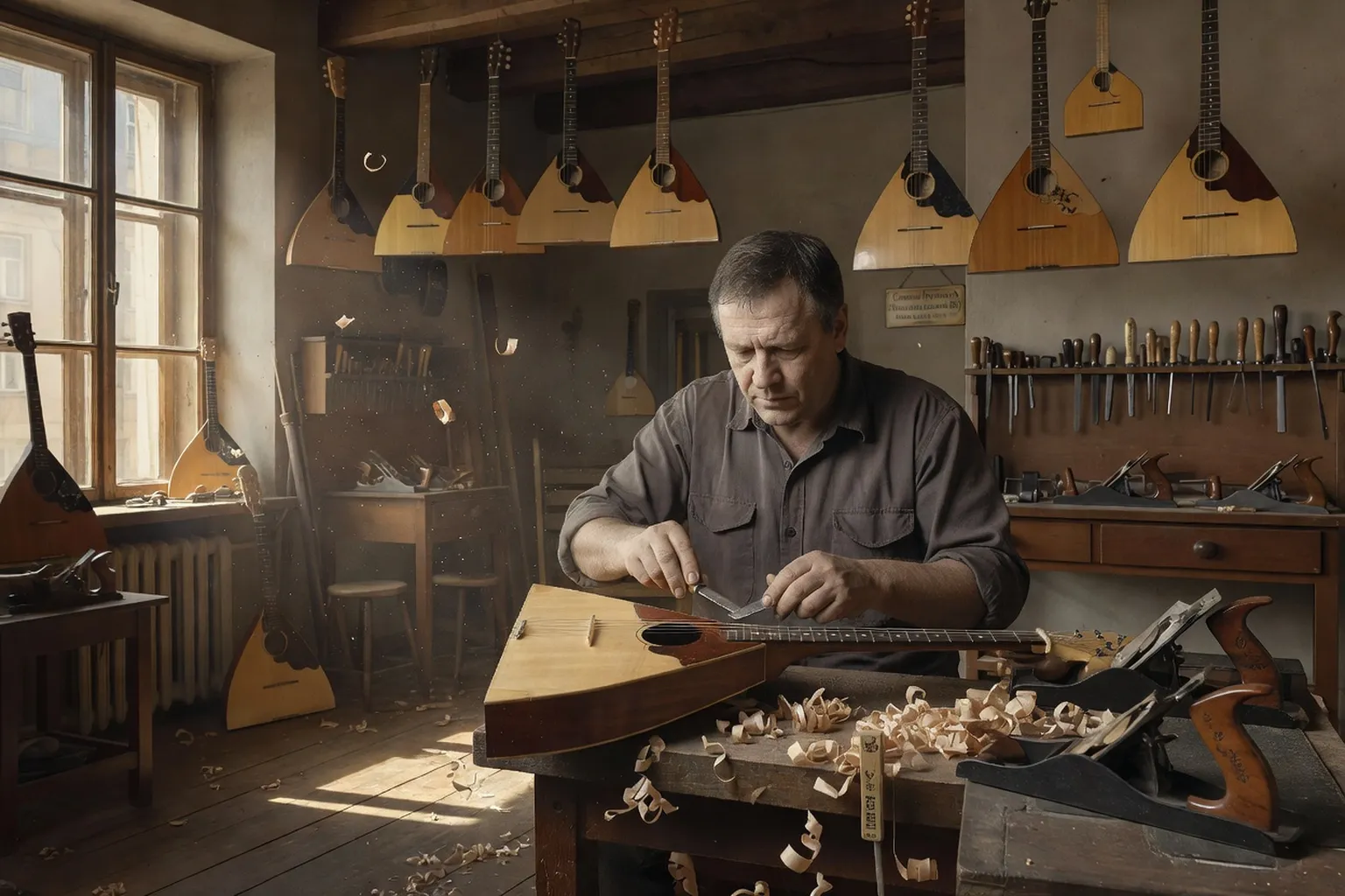 Luthier de balalaïka dans son atelier