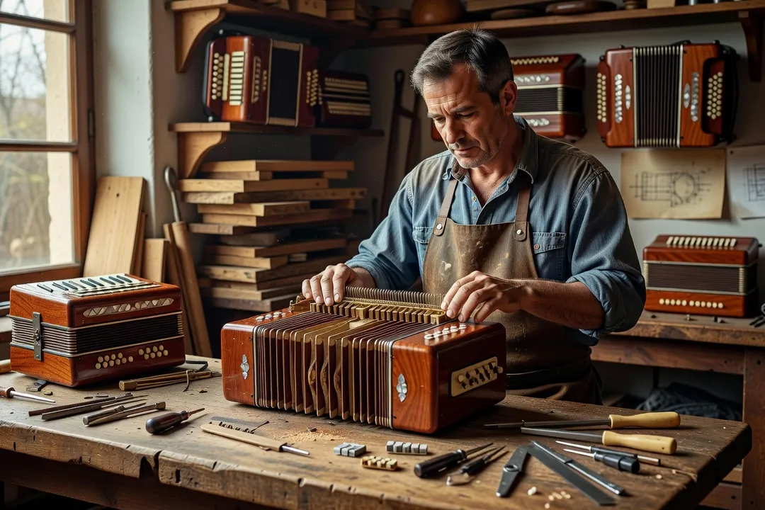 Luthier réparant un accordéon diatonique traditionnel dans son atelier