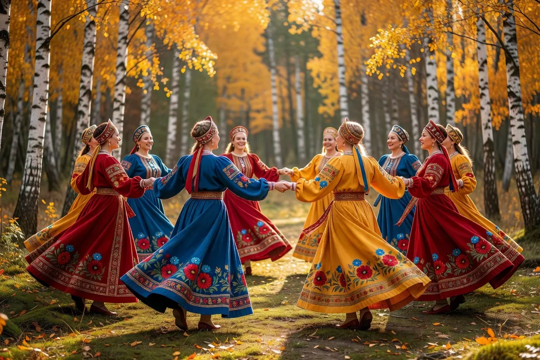 Danseurs exécutant une ronde traditionnelle khorovod en costume folklorique russe