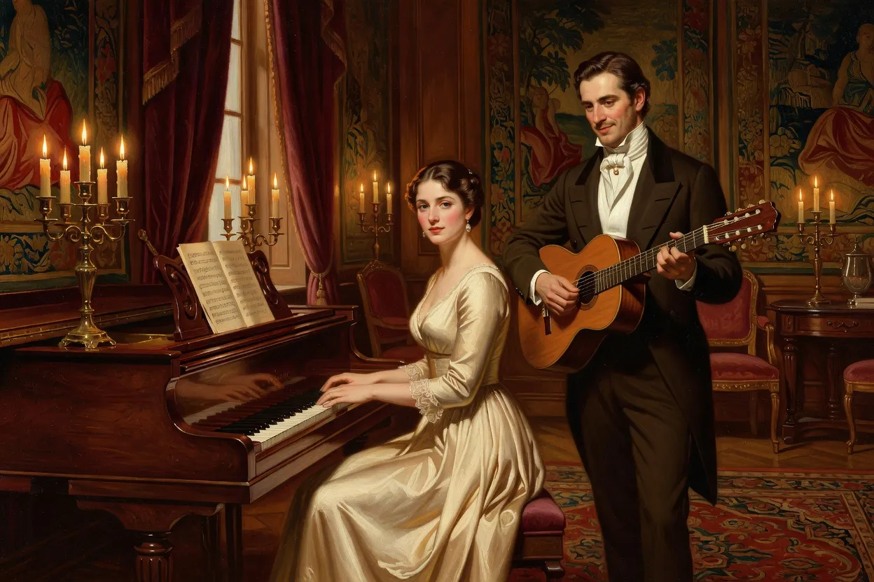 Salon aristocratique russe du XIXe siècle, femme au fortepiano et homme à la guitare sept cordes